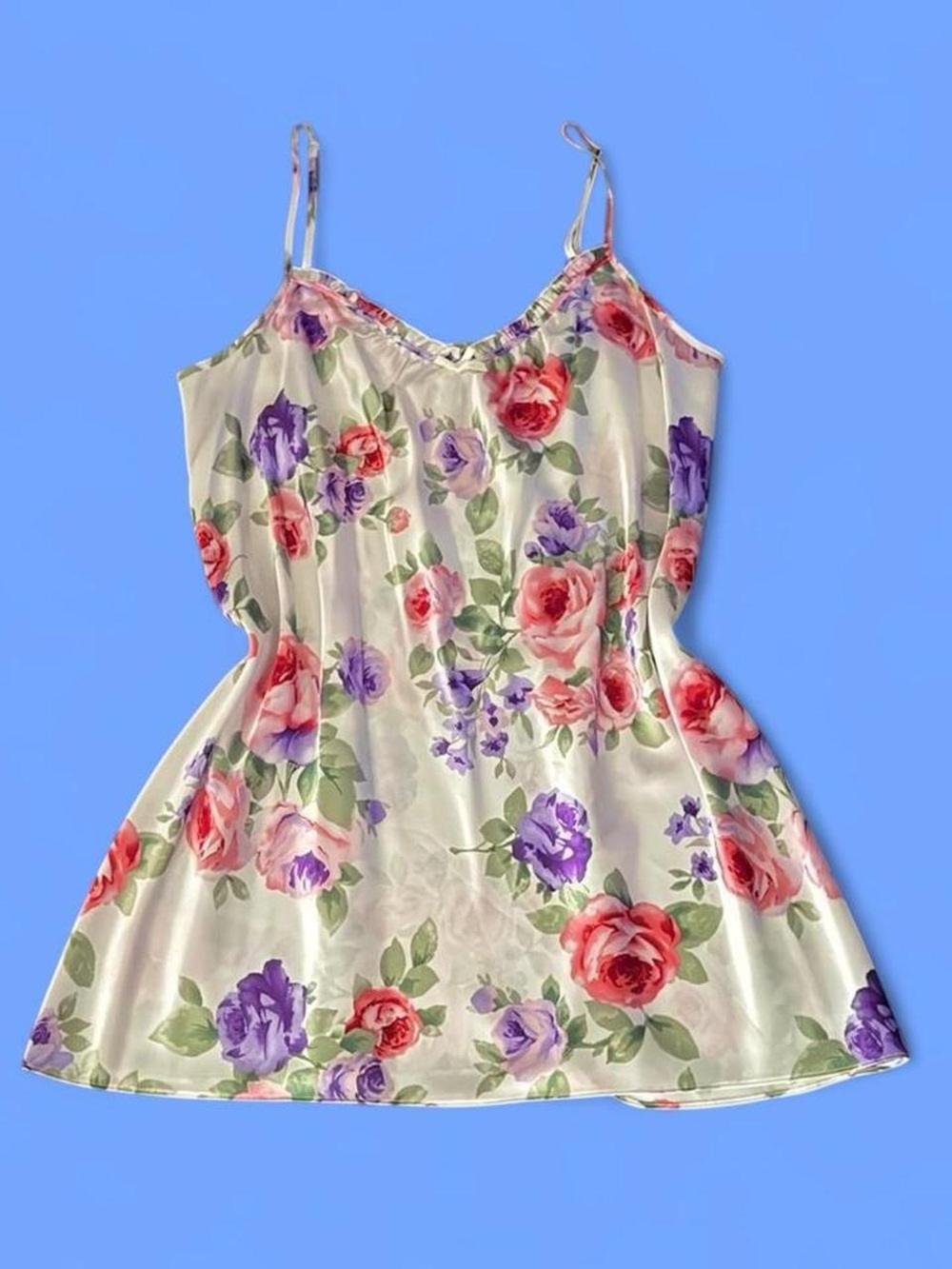 Morgan Taylor Floral Satin Chemise in Cream, Pink & Purple